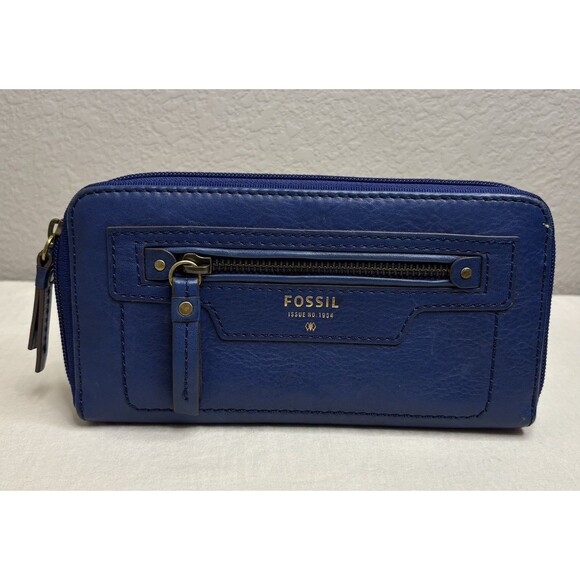 Fossil Hayden Blue Zip Around Leather Clutch Wallet Classic Checkbook Size - Picture 1 of 5
